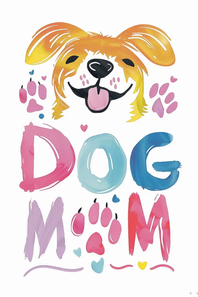 The image features a cheerful dog head with a big grin and tongue sticking out, painted in vibrant yellow and orange watercolor. Surrounding the dog are the words "DOG MOM" painted in various shades of pink, blue, and purple, with paw prints and hearts scattered around the design. The overall image is bright, playful, and full of love for dogs.