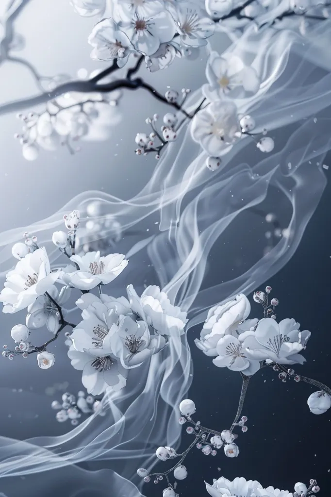 Delicate white cherry blossoms are scattered throughout the image, their petals unfurling against a backdrop of ethereal, flowing white fabric. The soft lighting creates a dreamy atmosphere, emphasizing the fragility and beauty of the blossoms.  The image captures a sense of tranquility and the ephemeral nature of spring.