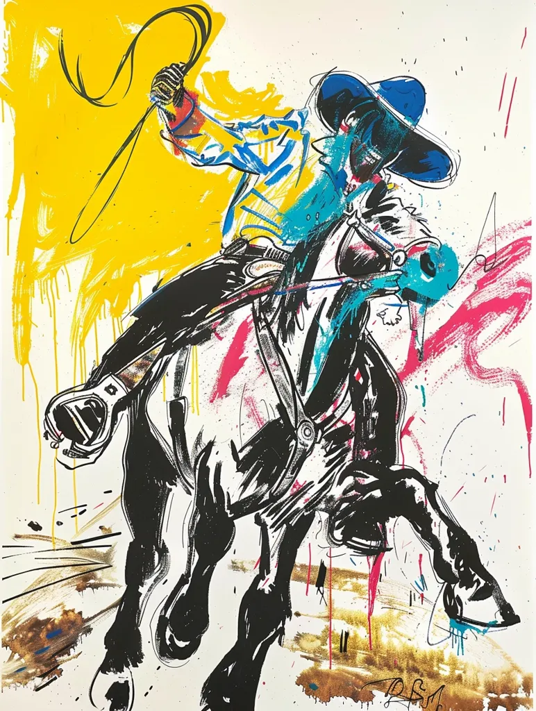 A bold, abstract depiction of a cowboy riding a horse. The image is rendered in black and white with splashes of bright yellow, pink, and blue. The cowboy is silhouetted, wearing a large hat, and holding a lasso. The horse is in mid-stride, its legs and tail  streaking across the canvas.  The background is a chaotic mix of splattered paint and gestural lines, suggesting a sense of movement and energy.