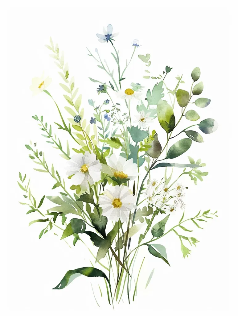 A watercolor painting of a bouquet of white daisies and other delicate wildflowers. The flowers are arranged in a loose, natural style, with stems and leaves extending outwards. The painting is done in a soft, romantic style, with subtle color variations and a light, airy feel. The white daisies are a prominent feature, with their bright white petals and yellow centers. The other wildflowers are more subtle, with small, delicate petals and a range of soft colors. The painting is set against a white background, which emphasizes the beauty of the flowers.