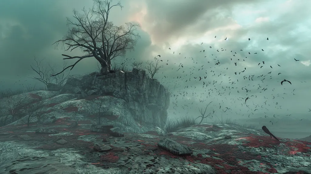 The image depicts a desolate and eerie landscape. A lone, bare tree stands atop a rocky cliff, shrouded in mist. A flock of birds flies away from the cliff, leaving behind a sense of emptiness and isolation. The ground is covered in a strange, red substance, adding to the unsettling atmosphere. The overall tone of the image is one of foreboding and desolation.