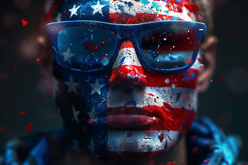 A close-up portrait of a person with an American flag painted on their face. The person is wearing blue sunglasses and there are red and blue specks of paint around them, creating a dynamic and patriotic feel.  The image is focused on the face, emphasizing the person's intense gaze and the bold statement of the flag. The focus on the details, like the water droplets and the paint splatters, adds a layer of texture and depth to the image.
