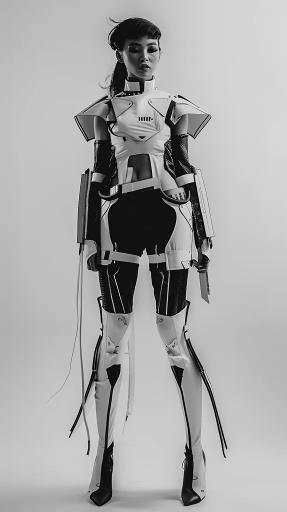 A woman in a futuristic, white and black outfit stands against a plain background. The outfit features a structured bodice, shorts, and thigh-high boots. Her hair is pulled back, and she looks down with a serious expression. The image is in black and white, highlighting the details of the outfit. The woman's stance suggests strength and confidence.