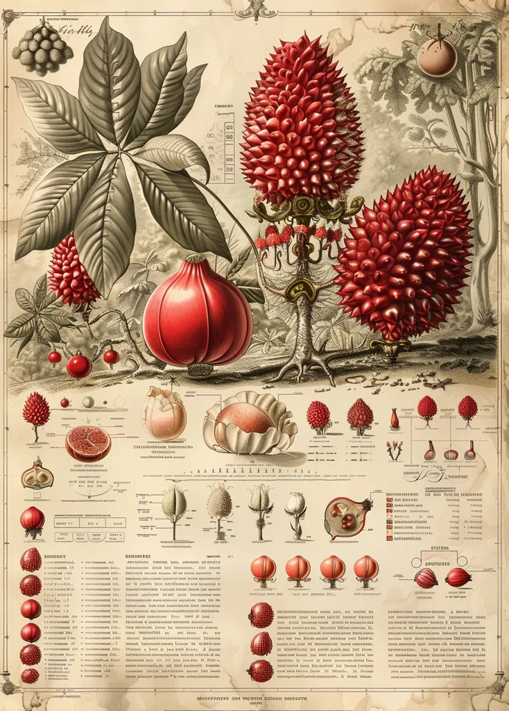 The image is a vintage botanical illustration of a plant with large red fruit. The illustration is detailed and includes labels in a foreign language. The plant has a large, green leaf with a central stem. The fruit is clustered together on the stem and has a spiky texture. The illustration is on a parchment background with other plant illustrations and text. The image has a scientific and educational purpose.