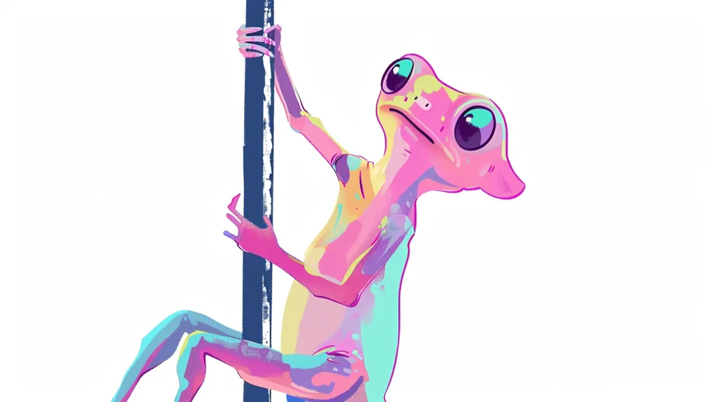 The image depicts a cartoon-like creature with a pink body and large blue eyes. It is holding onto a dark blue pole with both hands, its long legs extending downwards. The creature's body is painted in vibrant colours, including pink, blue, yellow, and purple. The image is set against a white background.