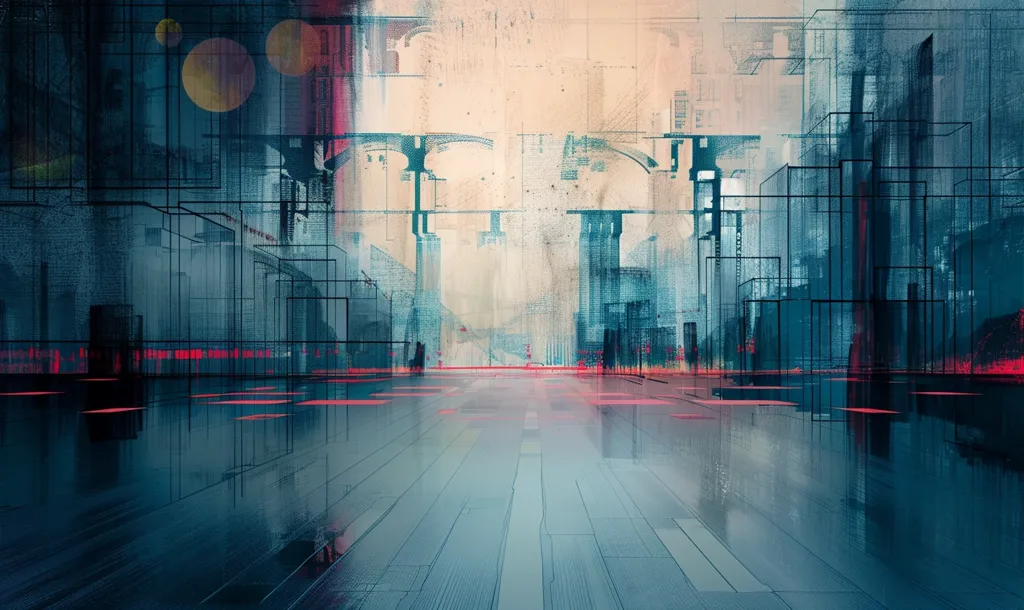 The image is a digital art piece depicting a futuristic cityscape. The buildings are made of geometric shapes and lines, giving the city a sterile and modern feel. The colors are muted and desaturated, creating an atmosphere of mystery and intrigue. The ground is made of reflective metal, and it is unclear if the city is above or below ground. The overall effect is one of alienation and isolation, suggesting that this is a city that is not welcoming or hospitable.
