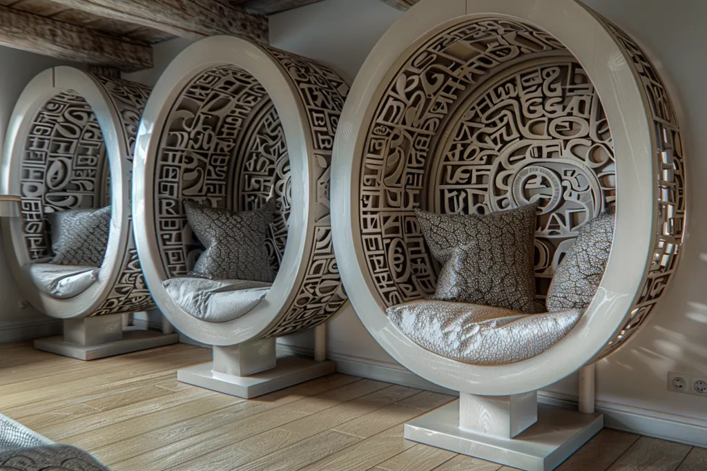 Three unique, circular chairs with intricate designs carved into the wood, reminiscent of ancient symbols, stand in a modern interior. Each chair has a soft, white cushion and a matching pillow, inviting relaxation. The chairs are positioned on a light wooden floor, bathed in soft lighting. The room feels both cozy and sophisticated, offering a unique and comfortable seating experience.