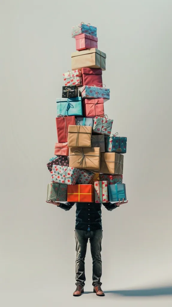 A man in a black shirt and jeans is balancing a large stack of wrapped presents on his outstretched arms. The presents are a mix of colors and patterns, with some featuring ribbons and bows. The man's expression is not visible as he looks straight ahead with a serious demeanor. The background is a simple, light gray, emphasizing the man and the gifts.  The image suggests the weight of carrying many gifts or the burden of shopping during the holiday season.