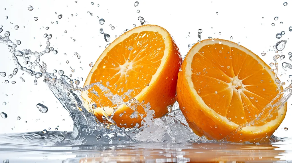 Two halved oranges are submerged in a clear, still water. Water splashes upward and around the oranges. Light shines on the oranges, making them glow and the water sparkle. The oranges are vibrant, and the background is blurred white.  The image captures a refreshing moment of fruit and water.