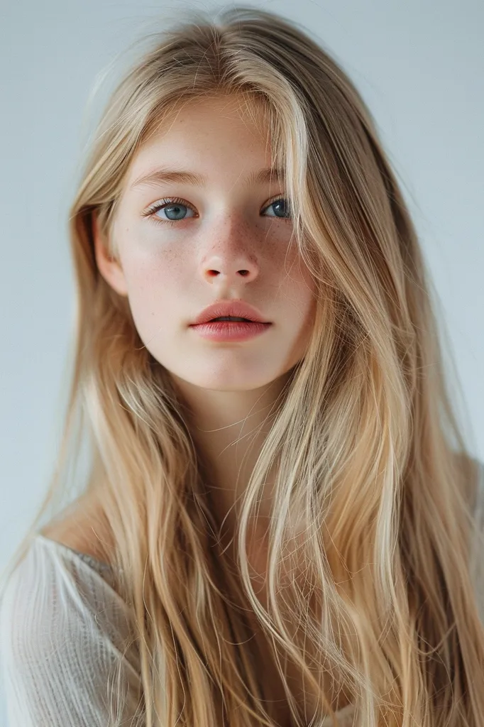 A young woman with long, flowing blonde hair is looking directly at the camera. She has pale skin and blue eyes, and is wearing a white, crocheted top. The image is taken from the chest up, and the background is a plain white wall. The woman's expression is neutral, but her eyes suggest a sense of longing or sadness.