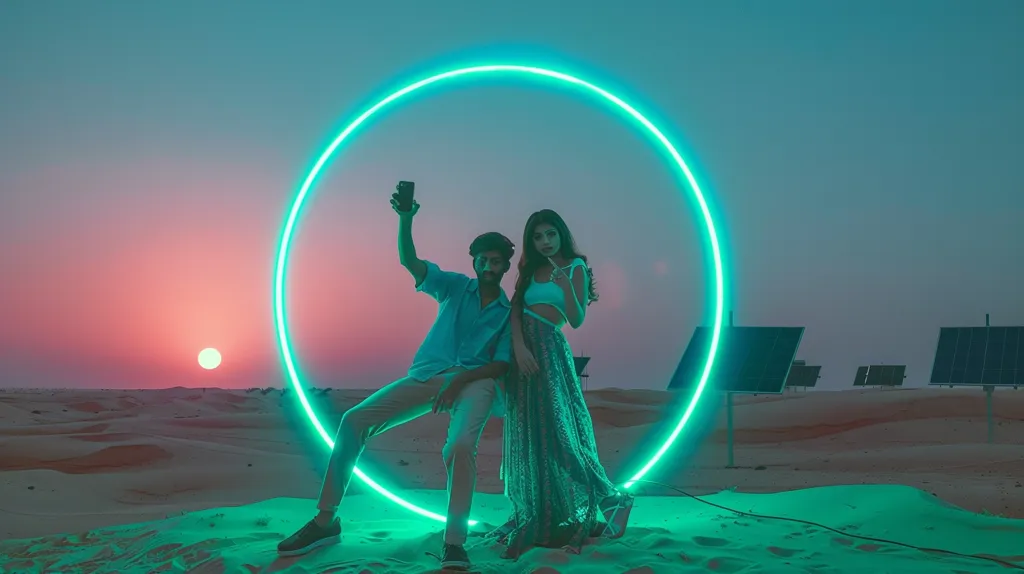 A couple poses in a desert setting, illuminated by a large, glowing green circle. The man holds a phone, and the woman looks at it, both smiling. The sunset casts a soft pink hue on the sand dunes behind them, while solar panels line the horizon.  The image is vibrant and playful, capturing the spirit of adventure and connection.