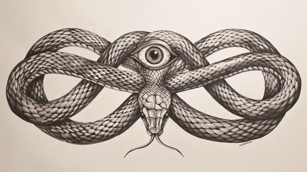 The image is a black and white drawing of a snake intertwined in a figure eight shape. The snake's head faces the viewer, with a single eye in the center of its forehead. The snake's scales are meticulously detailed, giving it a realistic appearance. The drawing has a sense of mystery and intrigue, with the snake's eye appearing to gaze directly at the viewer. The intricate detail of the snake's body and the powerful symbolism of the figure eight create a captivating and thought-provoking image.