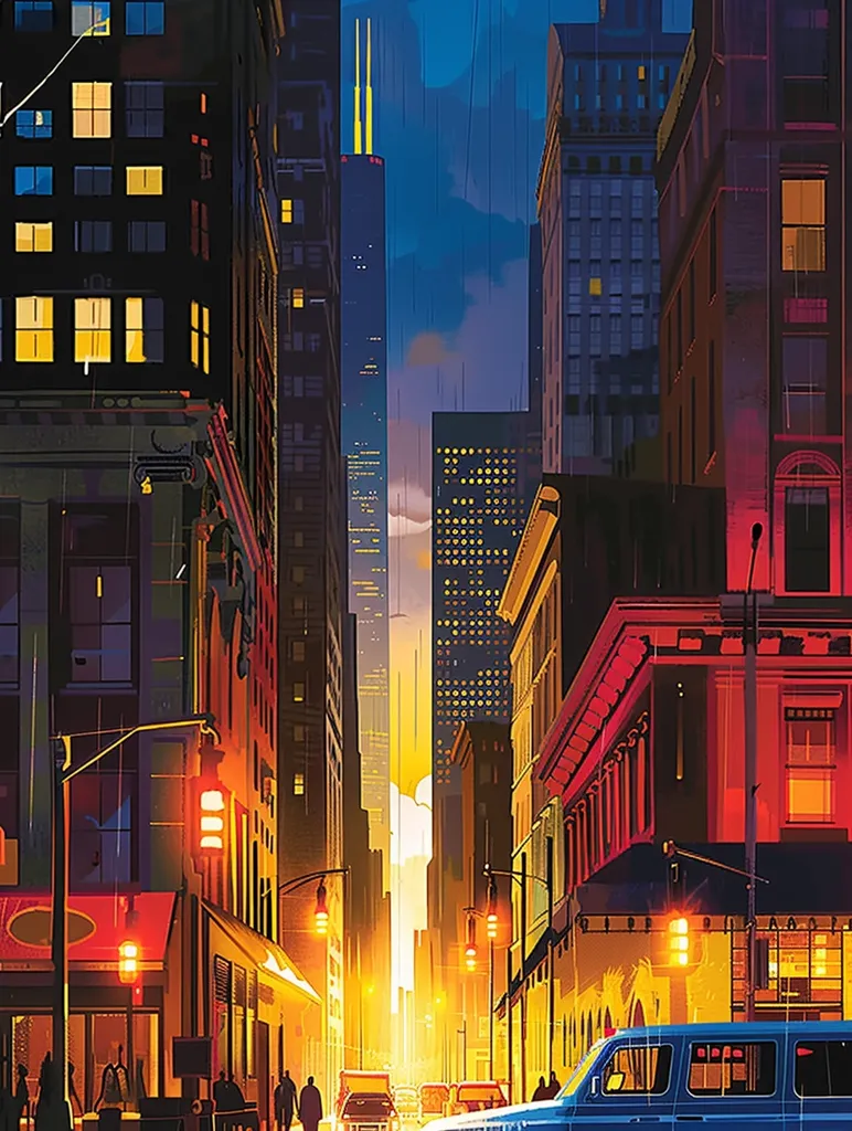 The image depicts a street in a city, with tall buildings on both sides. The buildings are mostly brick and have windows lit up, suggesting it is nighttime. The street is illuminated by streetlights and there are a few people walking on the sidewalk. In the distance, a tall skyscraper is visible and there is a light blue van in the foreground. The atmosphere is warm and inviting, and the image gives a sense of urban life.