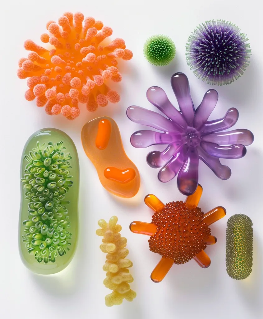 The image shows nine colorful, textured objects arranged on a white surface. They appear to be made of glass or plastic and resemble various microorganisms, such as bacteria and viruses. The colors include orange, purple, green, and yellow. Each object has a unique shape and texture, adding visual interest to the composition.  The image could represent a scientific illustration or a creative artistic piece exploring the world of microscopic organisms.