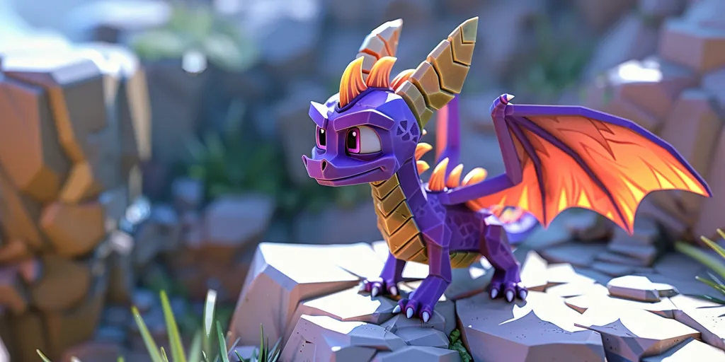 The image shows a purple dragon with orange wings standing on a rock. It has yellow horns and a spiky crest. The dragon is looking to the left, its face is slightly tilted. The background is blurry and shows more rocks and green plants. The dragon looks like a toy figure.  The image is likely taken from a video game.  The photo is well-lit and the dragon is in focus.
