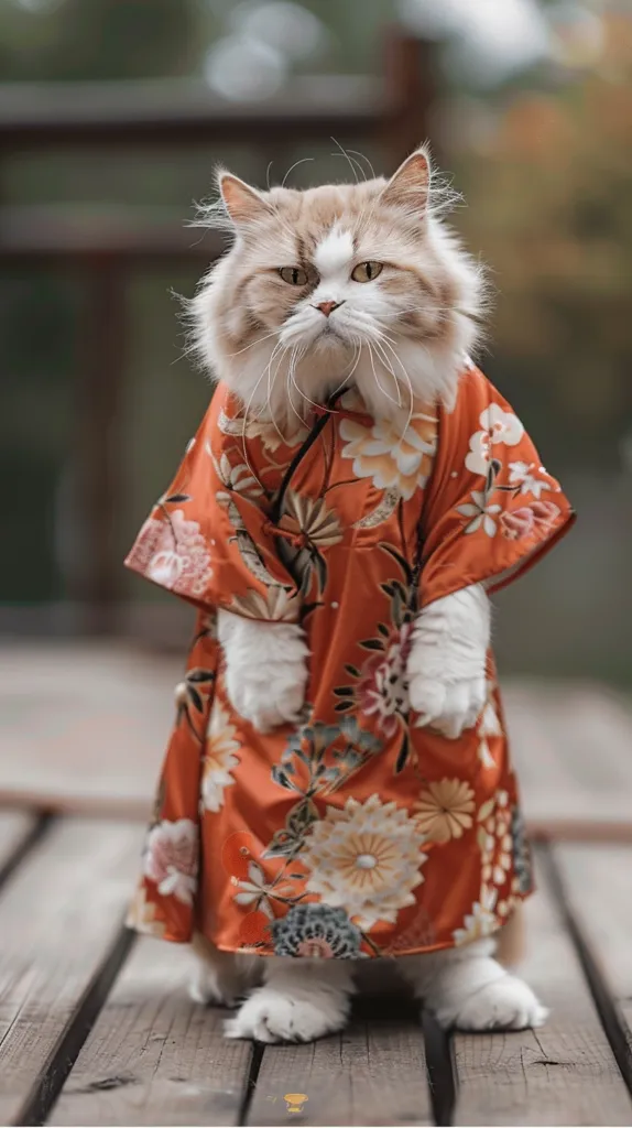 A fluffy white and brown cat is wearing a bright orange and yellow floral kimono. It has a serious expression and is standing on a wooden deck with its paws crossed. The cat's fur is very soft and fluffy. The background is blurred and out of focus, but you can see green trees and bushes.  The image is shot at eye level.