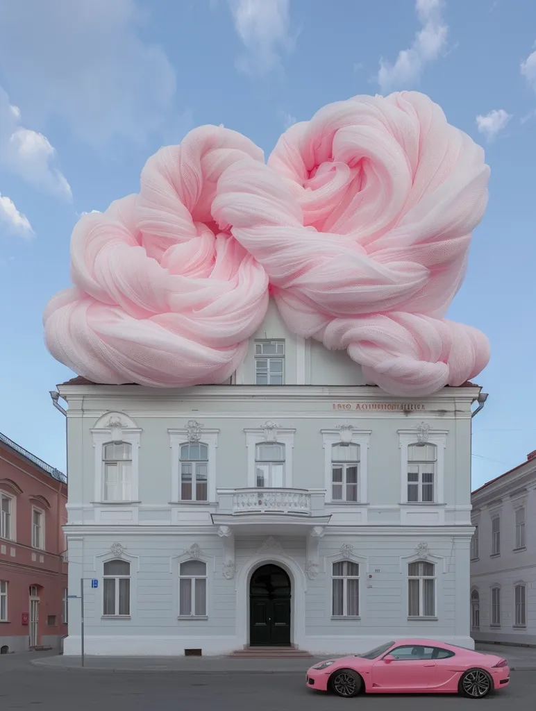 A large, soft, pink cloud, seemingly made of fabric, hovers over a classic, white, two-story building. The building features symmetrical windows, a black door, and a balcony. In the foreground, a pink sports car sits parked on the street. The scene appears surreal and whimsical, creating a playful juxtaposition of the everyday and the fantastical.