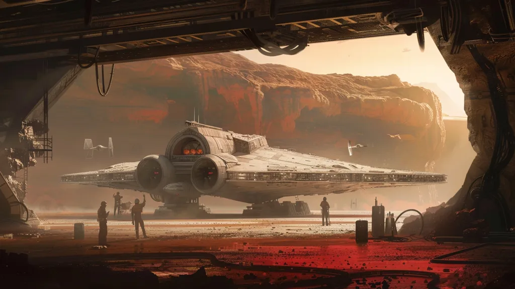 A large, white spaceship, reminiscent of a Star Destroyer, sits on a dusty red planet.  A smaller fighter ship sits above it, and a few figures stand near the spacecraft's base.  The setting sun casts a warm glow across the landscape, highlighting the rust-colored cliffs in the background.  The image evokes a sense of wonder and adventure, transporting the viewer to a faraway world.