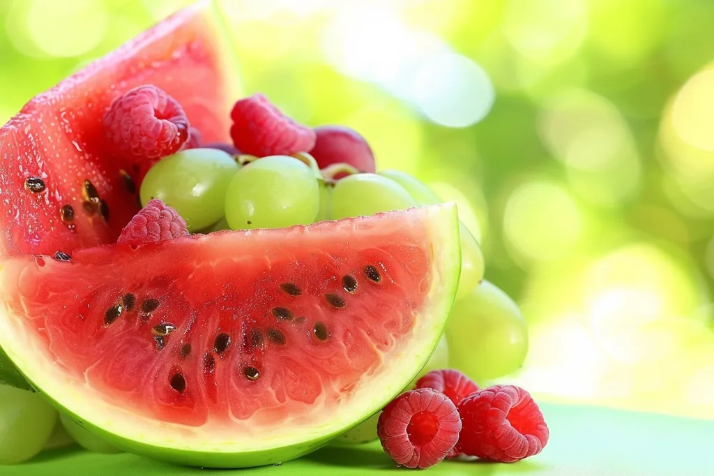 A juicy watermelon slice sits prominently in the foreground, its bright red flesh dotted with black seeds.  Green grapes surround the watermelon, providing a vibrant contrast.  Two ripe raspberries rest in front of the fruit, while a third is partially visible behind the watermelon.  The background is a blurred, out-of-focus image of green foliage, suggesting a natural setting.  The image is a celebration of fresh, summery fruits.