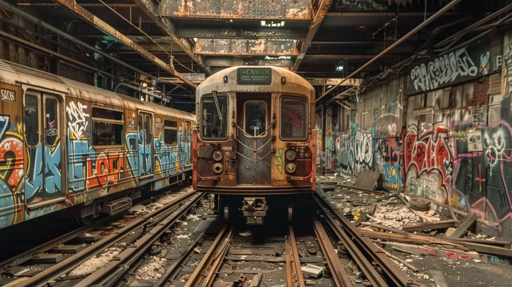 A weathered and abandoned subway train sits on the tracks in a graffiti-covered tunnel. The train's windows are broken and its paint is chipped and faded. The tunnel walls are covered in layers of colorful graffiti, creating a vibrant and chaotic scene. The rusted tracks and debris on the ground tell a story of decay and neglect.