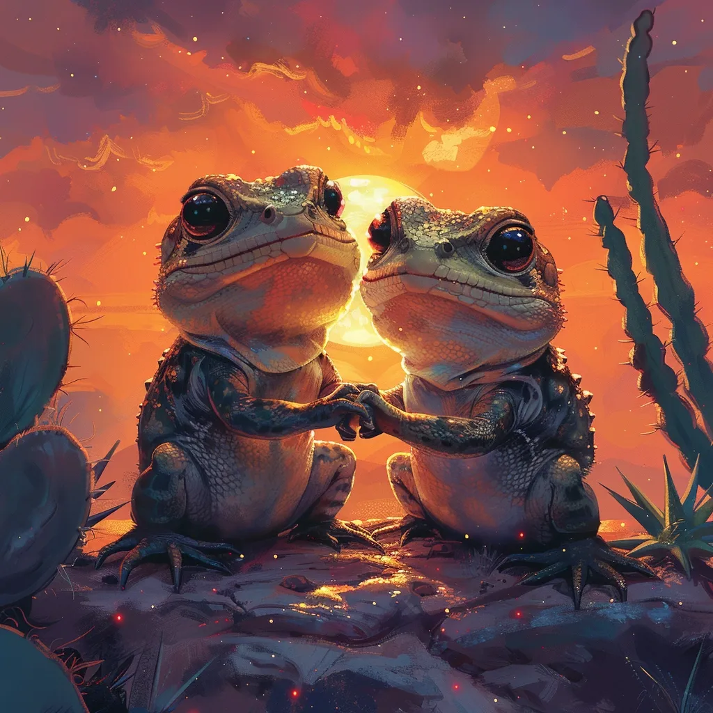 Two large, green frogs are holding hands and looking at each other. They are perched on a rocky surface, with a cactus in the background. The setting sun is visible in the distance, casting a warm, orange glow on the scene.  The frogs seem to be in love, their expressions conveying tenderness and affection.