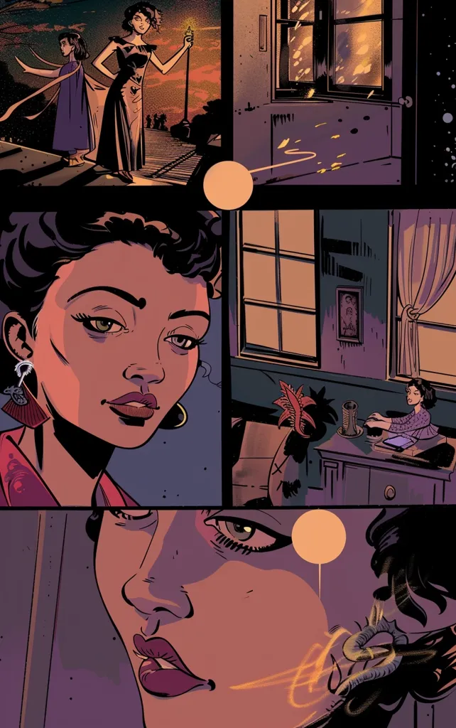 The comic book panel features three women, each with a distinct expression. A woman in a long dress stands with a child beside her in an outdoor setting. A second woman with dark hair and a serious expression fills most of the second panel. The third panel features the face of another woman looking away, her expression uncertain. The image suggests a narrative with mystery and intrigue.