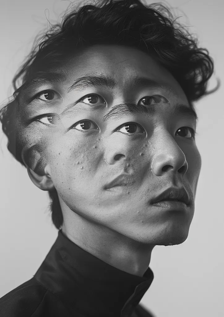 A black and white portrait of a young man with his eyes duplicated, creating a surreal and disorienting effect. His face is turned slightly away from the camera, with a contemplative expression. His dark hair is styled in a messy, textured look. He is wearing a collared shirt. The image has a moody, atmospheric quality.  The multiple eyes suggest a heightened sense of awareness or perhaps a feeling of being overwhelmed.
