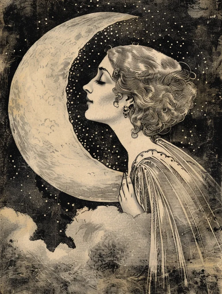 The image depicts a woman with her eyes closed, leaning against a crescent moon. She has long, flowing hair and is wearing a long, flowing gown. The background is a night sky filled with stars. The image is drawn in black and white with a vintage, textured look. The overall feel is romantic and ethereal.