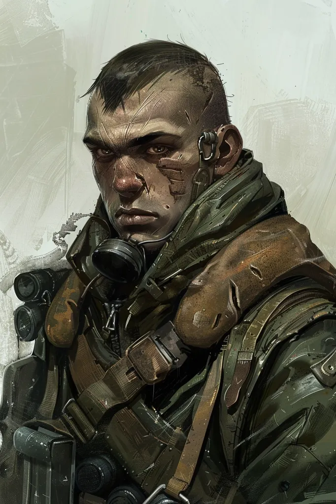The image depicts a close-up portrait of a young man in military gear. He has a determined expression on his face, with a furrowed brow and a tight jawline. He is wearing a heavy, armored jacket with various straps and buckles. His face is covered in dirt and grime, suggesting he has been through some tough times. His eyes are focused and piercing, reflecting a sense of strength and resilience. The background is a faded white, creating a sense of isolation and solitude.
