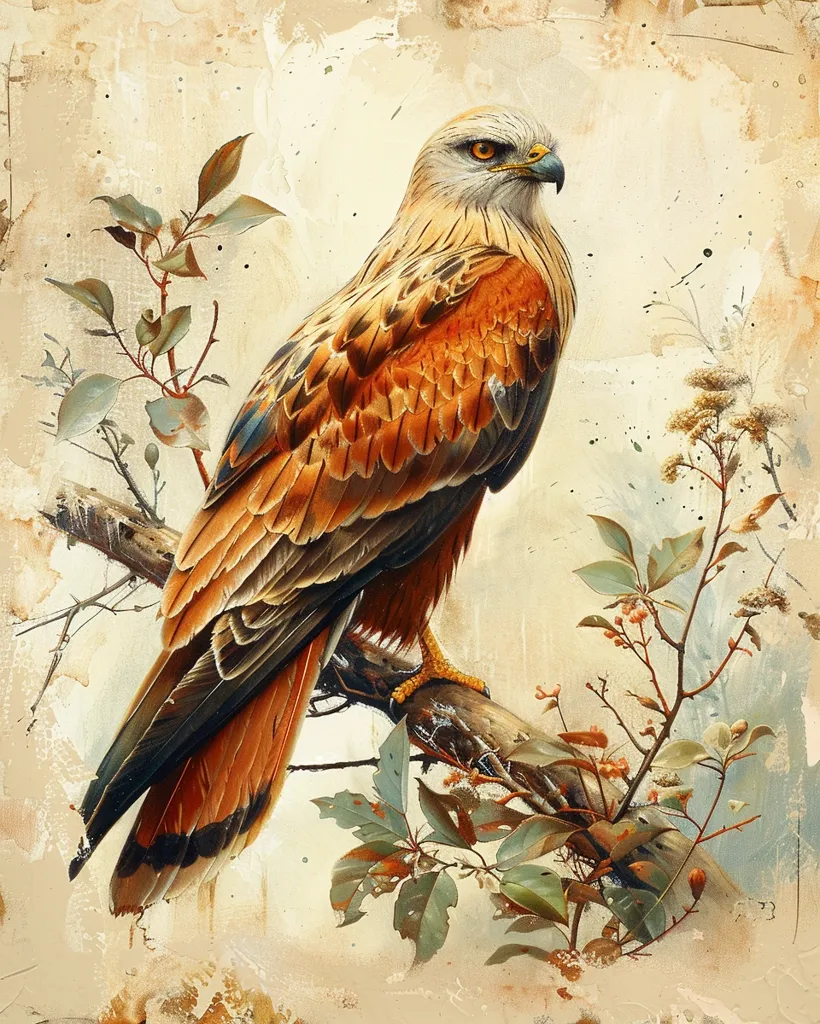 A detailed, realistic painting of a red kite perched on a branch. The bird is rendered in warm browns, reds, and oranges, with sharp, expressive eyes. The background is a muted yellow with textured paint, creating a sense of age and nostalgia. Green leaves and delicate branches surround the kite, adding to the sense of natural beauty. The painting is a celebration of the bird's elegance and power in a natural setting.