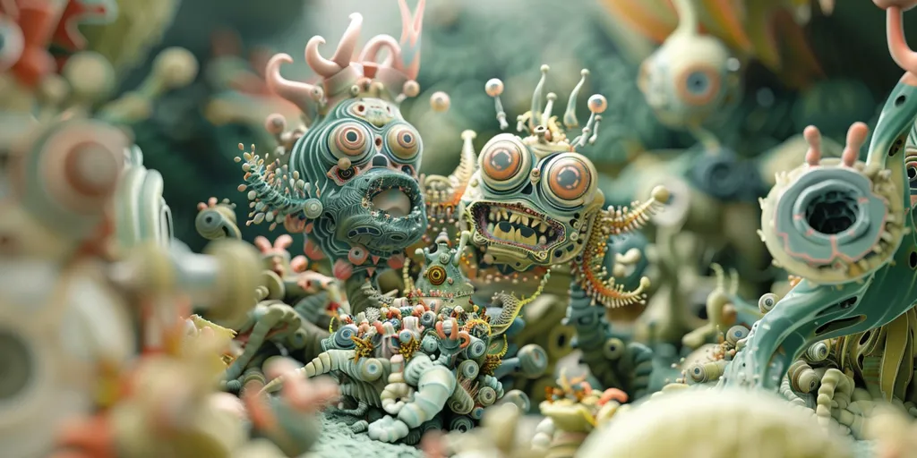 A close-up of a vibrant, surreal, and fantastical landscape populated by bizarre creatures. The scene is a chaotic mix of colors, textures, and forms, creating an impression of an alien world. Some of the creatures have large, expressive eyes, while others are more abstract, resembling strange plants or insects. The scene is full of intricate details and patterns.