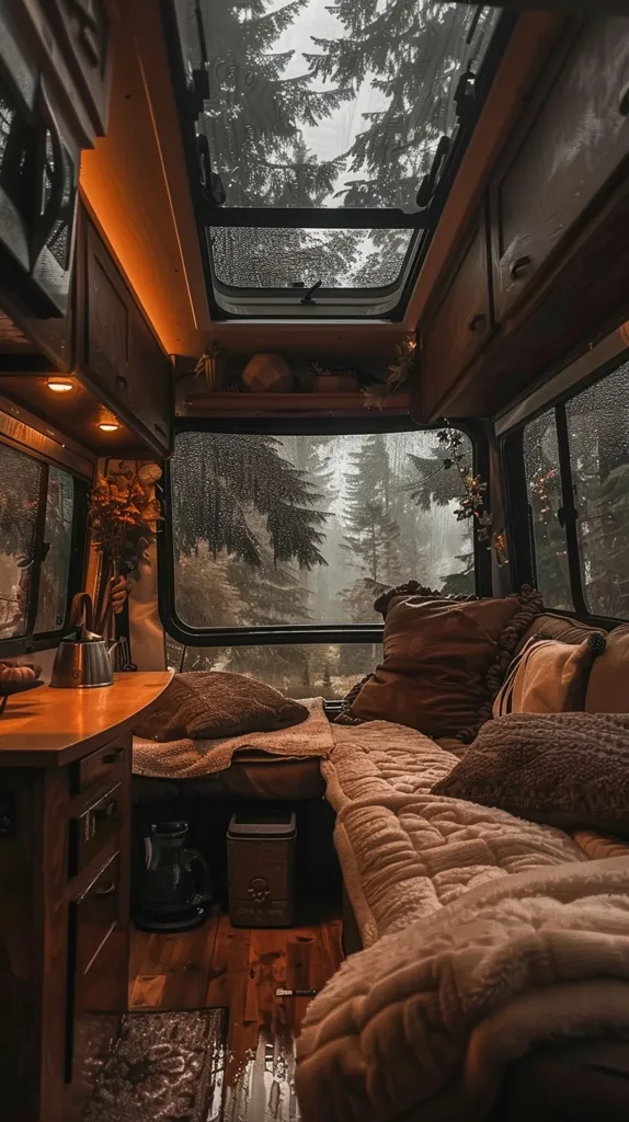 A cozy interior of a camper van with plush cushions and blankets. The van has a large window that frames a view of a lush forest bathed in rain.  A wooden table with a kettle and a coffee pot adds to the homely feel. The van's roof hatch provides a glimpse of the cloudy sky.  The scene evokes a sense of peace and tranquility.