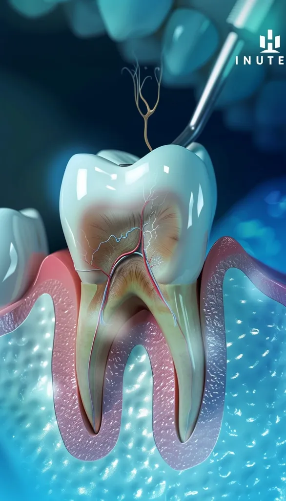 The image shows a close-up of a tooth, with the inner structure of the tooth visible. The nerve of the tooth is exposed, showing the pulp and the root canals. The tooth is surrounded by gum tissue and a light blue background, suggesting a medical or dental context. The image appears to be a digital illustration or 3D model.  The word "INUTE" is visible at the top of the image.