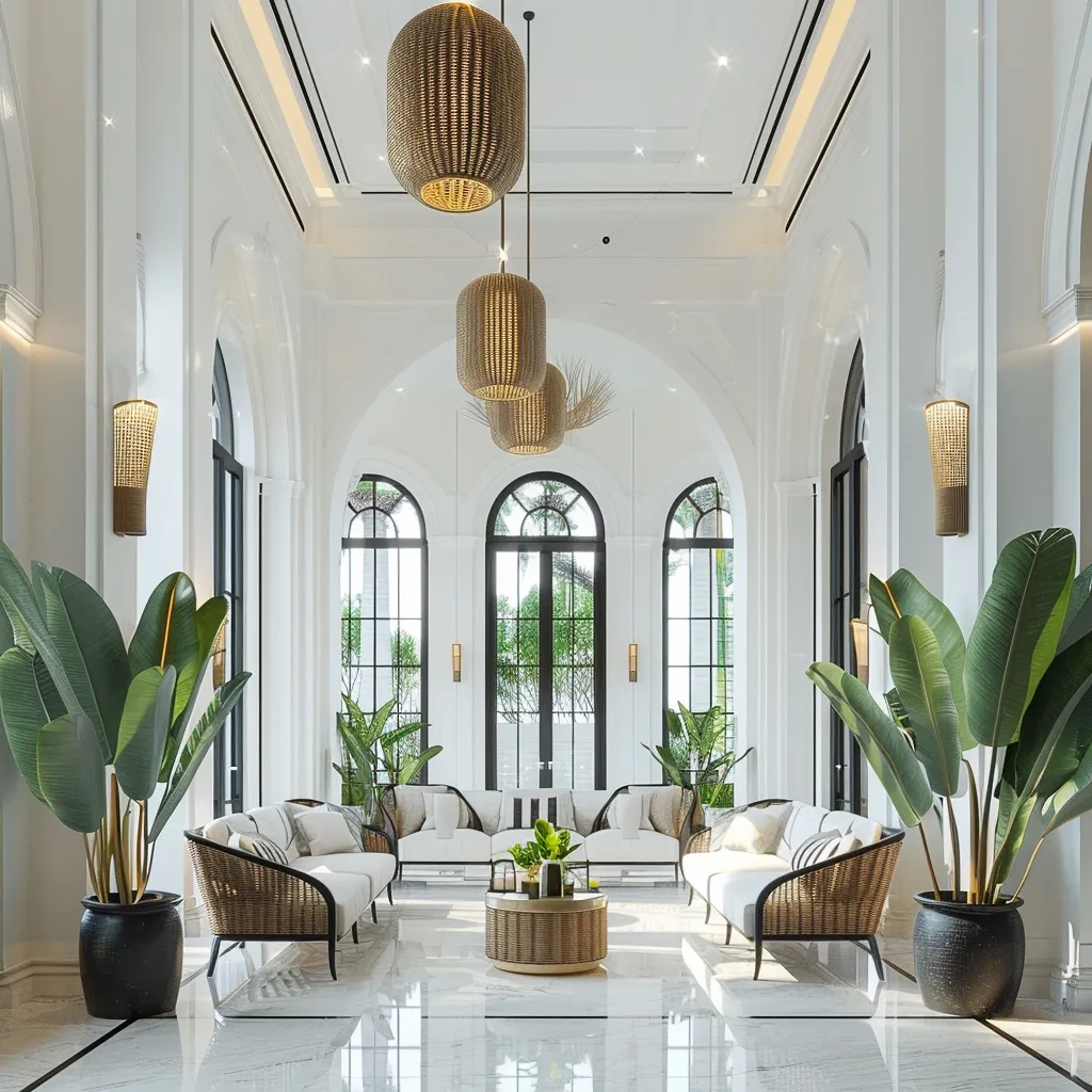 The image shows a luxurious, light-filled hallway with arched windows and white walls.  A set of woven rattan chairs and sofas are arranged in the space, surrounded by tall green plants.  The ceiling features a set of woven pendant lights. The polished marble floor reflects the light beautifully.  The overall aesthetic is modern and inviting.