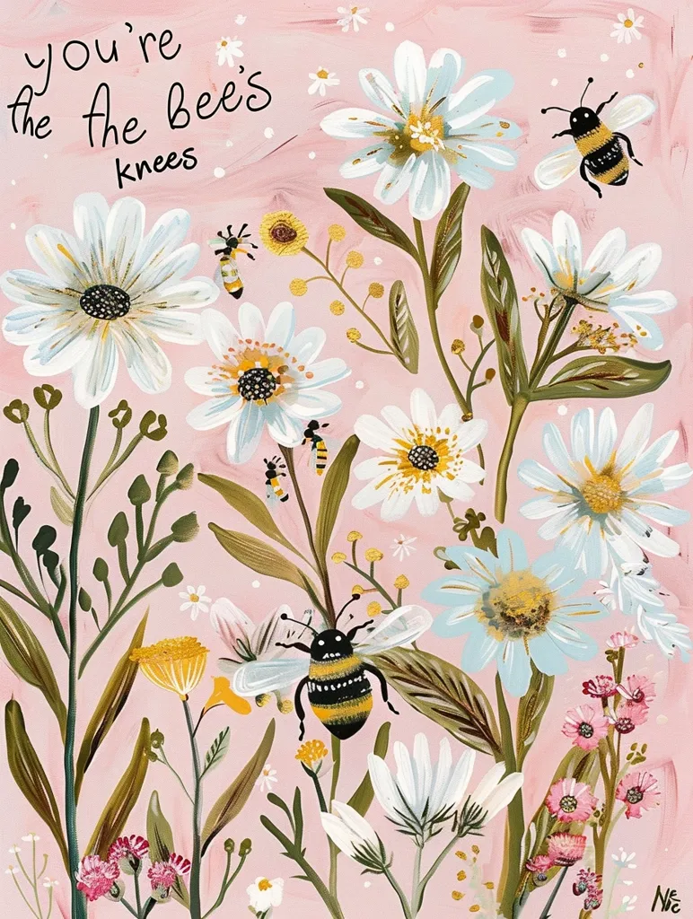 A whimsical illustration of a floral scene with a pink background. The phrase "You're the bee's knees" is written in black at the top. White daisies and small yellow flowers fill the illustration with bees hovering amongst them. A large, stylized bee with black and yellow stripes is the centerpiece, while a few smaller bees can be seen flying around the flowers.