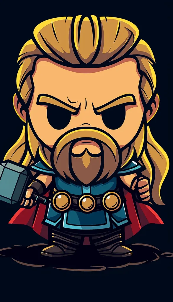 A cartoon depiction of Thor, the Norse god of thunder. He is drawn in a chibi style, with large eyes and a small body. He is wearing his signature helmet and wielding his hammer, Mjolnir. He has a determined expression on his face. The background is black.