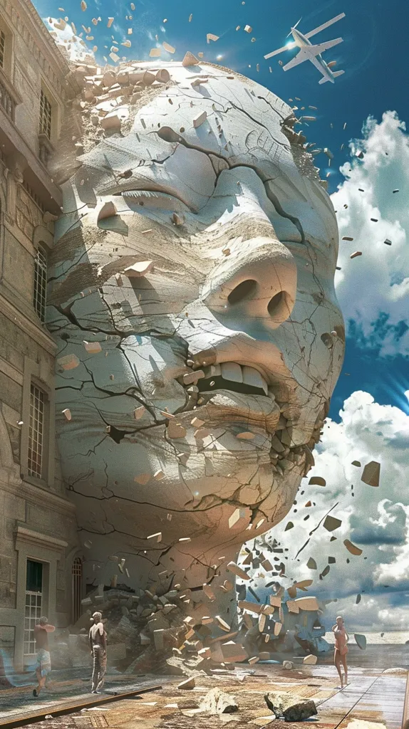 A giant, cracked, stone face looms over a city, its mouth agape and teeth bared.  Chunks of the face have fallen away, leaving the city in ruins.  Two figures stand in the rubble, seemingly unfazed by the spectacle. A small plane flies overhead, adding to the sense of disarray.  The sky is a bright blue, and the clouds are fluffy and white.  The scene is one of destruction and awe, with the face of the fallen giant dominating the composition.