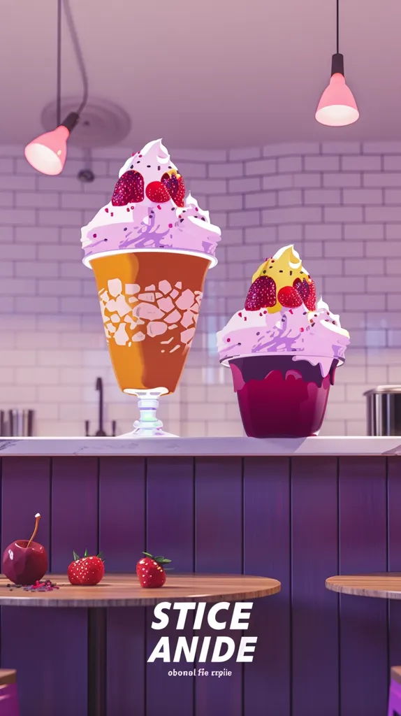 Two ice cream sundaes with whipped cream, sprinkles, and strawberries sit on a counter in a brightly lit cafe. The counter is purple, and the cafe has white tile walls and hanging lights. Two tables with red cherries and strawberries sit in front of the counter. The sign "STICE ANIDE" is in front of the table.
