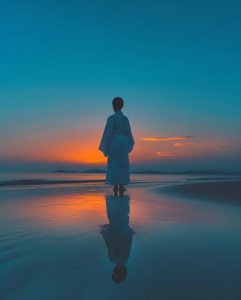 A lone figure, dressed in white, stands on a beach, gazing out at the horizon. The sky behind them is ablaze with the colors of a setting sun, casting a warm glow on the water. Their reflection stretches out before them, creating a sense of tranquility and peace. The image captures a moment of quiet contemplation amidst the vastness of nature.