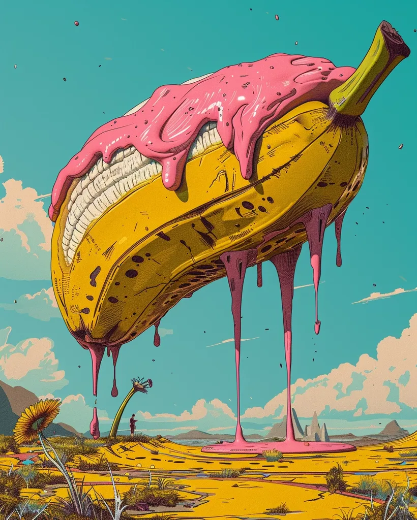 A giant, yellow banana, covered in pink goo, drools over a yellow and green desert landscape.  A tiny figure stands in the distance, dwarfed by the surreal scale of the banana. The sky is a bright blue with fluffy white clouds. The image is a striking example of surrealist art, blending the ordinary with the extraordinary.