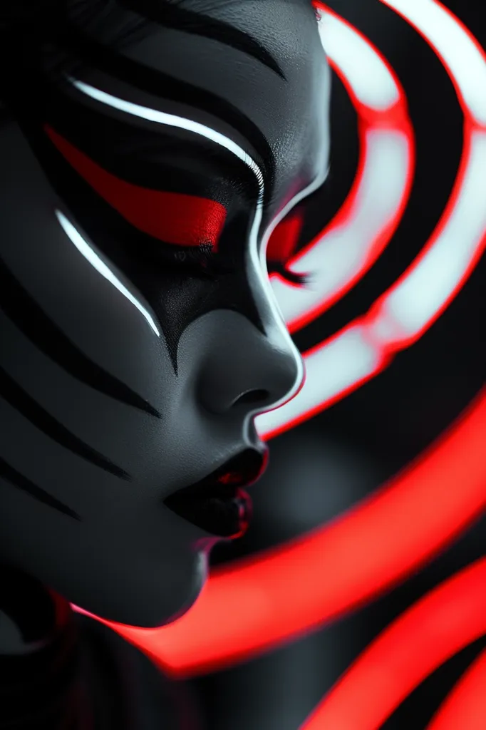 The image shows a close-up of a woman's face. Her skin is painted with black and white stripes, with a red stripe under her eye. Her lips are painted a deep red. She is looking down, and her expression is serious. The background is a blur of red and white circles. The overall effect is dramatic and mysterious.