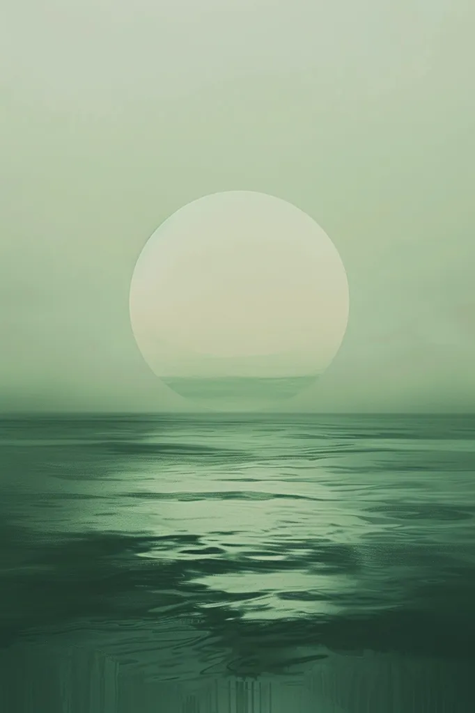 A large, pale orb sits in a muted green sky above a calm, rippling sea. The water reflects the light from the orb, creating a shimmering effect. The image is serene and minimalist, evoking a sense of tranquility and vastness.