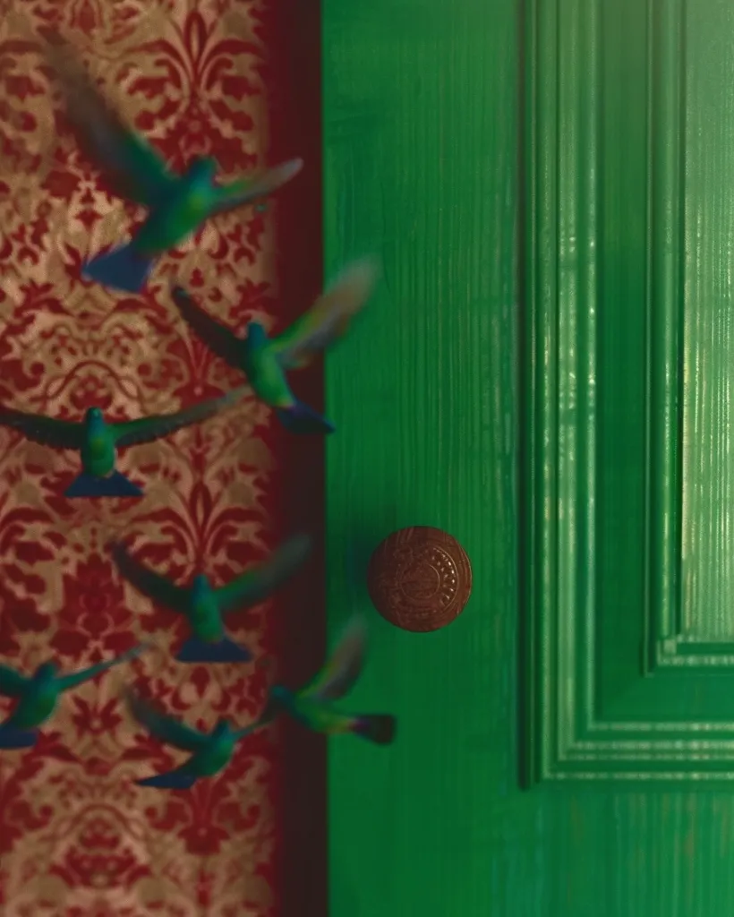 A green door with a detailed wooden knob, set against a red and gold patterned wall.  Several stylized birds fly past the door, their wings blurred in motion.  The scene evokes a sense of mystical whimsy.