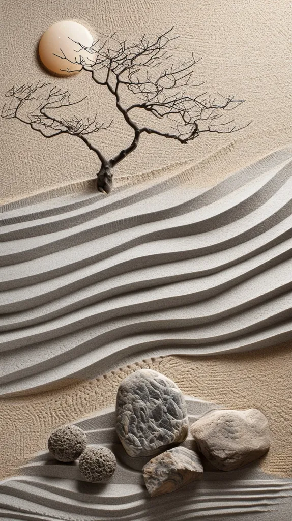 The image depicts a minimalist Zen garden scene. A bare tree with delicate branches stands against a backdrop of textured sand. The sand forms gentle, rippling waves, creating a sense of calm and serenity.  Three smooth stones rest on the sand, adding a grounding element to the composition. The overall impression is one of tranquility and simplicity.