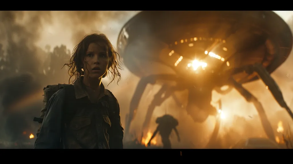 A young girl, with a backpack and a worried expression, stands in the foreground of a scene. Behind her, a large, ominous-looking alien spacecraft, with spindly legs, hovers in the air. The background is filled with smoke and fire, creating a sense of danger and destruction. The scene is lit by a warm, orange glow, giving it a sense of unease and dread.