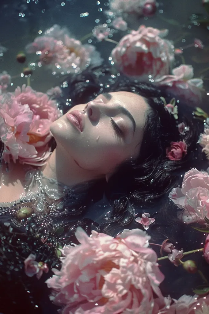 A young woman with long dark hair lies in a pool of water.  She is surrounded by pink flowers, petals, and a few leaves.  Her eyes are closed and she appears to be asleep.  The water is clear and reflects the light from above.  The image is soft and dreamy, with a romantic feel.
