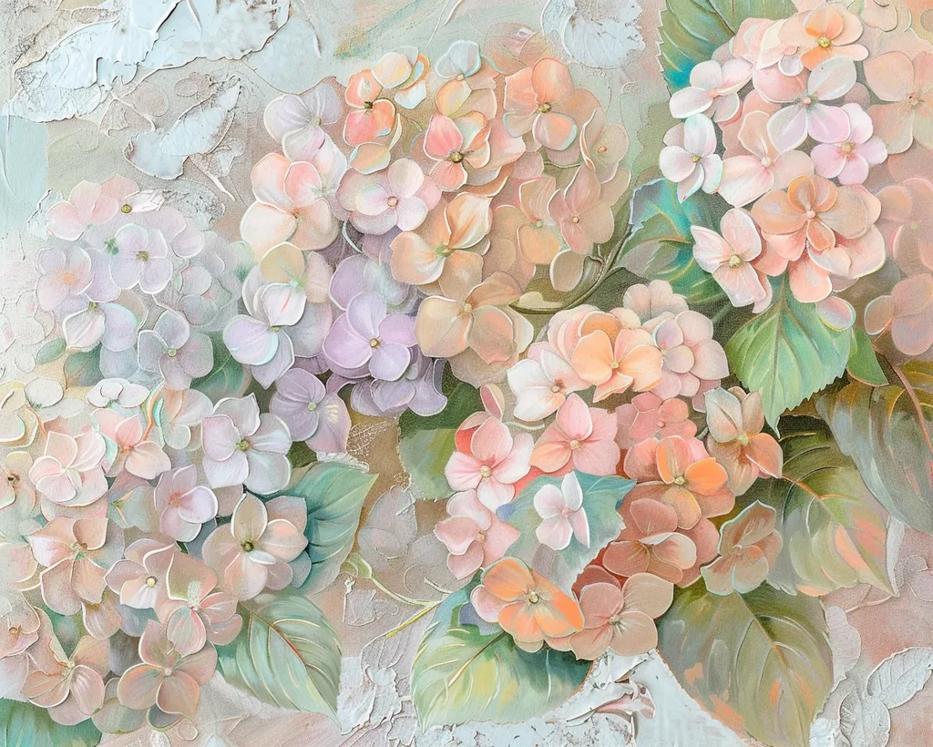 The painting depicts a close-up view of a cluster of delicate, pastel-colored hydrangea flowers. The blooms are arranged in a soft, romantic composition, with their petals rendered in a variety of shades of pink, lavender, and white. The background is a textured, abstract pattern that adds depth and dimension to the piece.  The painting evokes a sense of peace and tranquility.