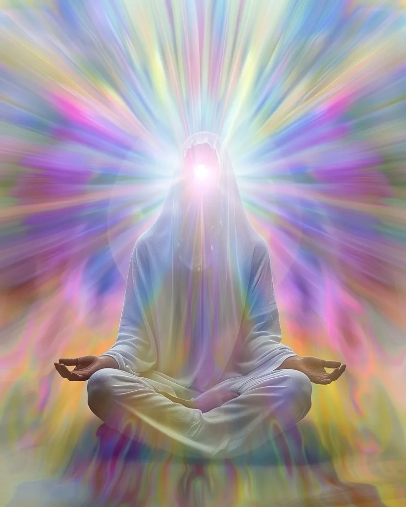 The image depicts a person in a white, flowing robe, sitting in a meditative pose with their eyes closed. The person is enveloped in a radiant, colorful light, suggesting a state of spiritual enlightenment or awakening. The background is a blur of vibrant hues, creating a sense of tranquility and peace. The image is a powerful visual representation of inner peace and connection to the divine.