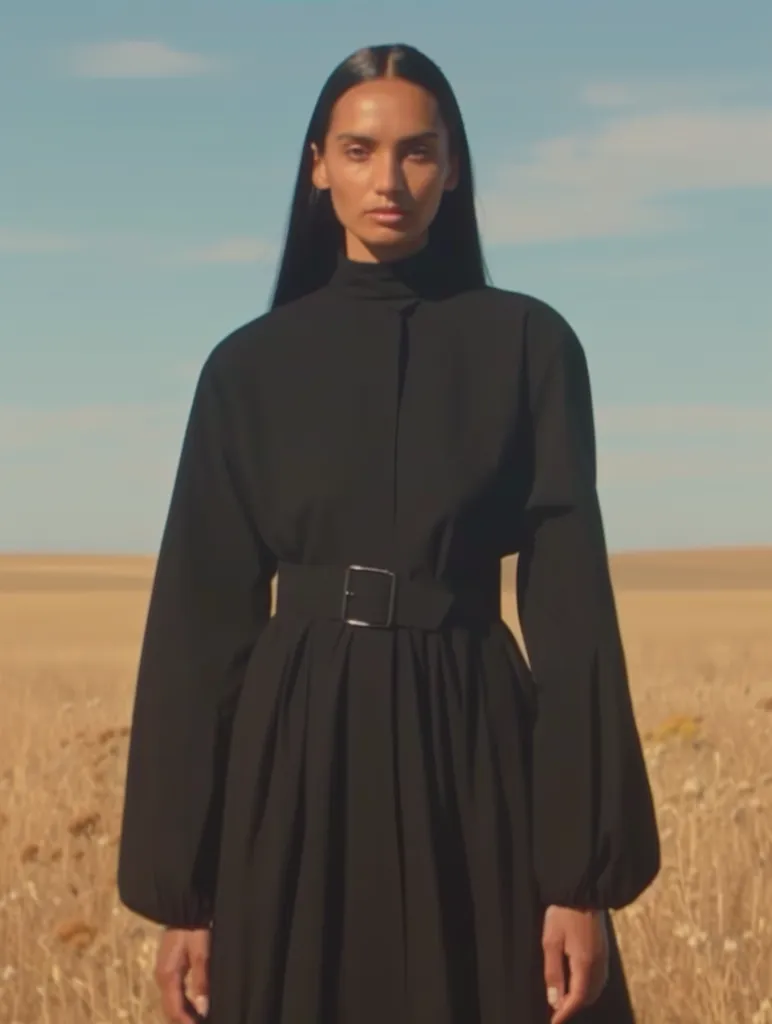 A woman with long black hair stands in a field of dry grass. She is wearing a long black dress with a high collar and a belt around her waist. The sky is a pale blue with fluffy white clouds. The woman has a serious expression on her face and her eyes are looking directly at the camera.  The photo is in a minimalist style, with the focus on the woman and her dress.