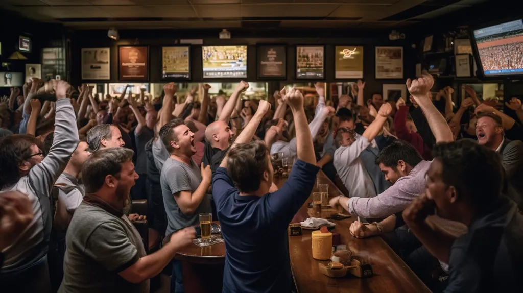 A crowded pub is filled with excited fans, all cheering and raising their arms in celebration. The bar is packed, with people spilling out into the aisle. On the wall, a large screen shows a sporting event. The atmosphere is electric with joy and shared excitement. The fans are caught in a moment of pure exhilaration, united by their love for the game.